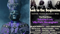 Papa V Perpetua of Ghost in 2025, next to the Black Sabbath Back To The Beginning poster