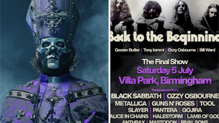 Papa V Perpetua of Ghost in 2025, next to the Black Sabbath Back To The Beginning poster