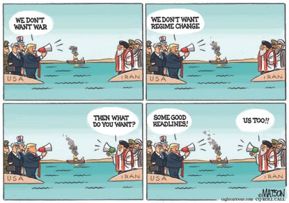 Political Cartoon U.S. Trump Iran Headlines War Oil Tanker