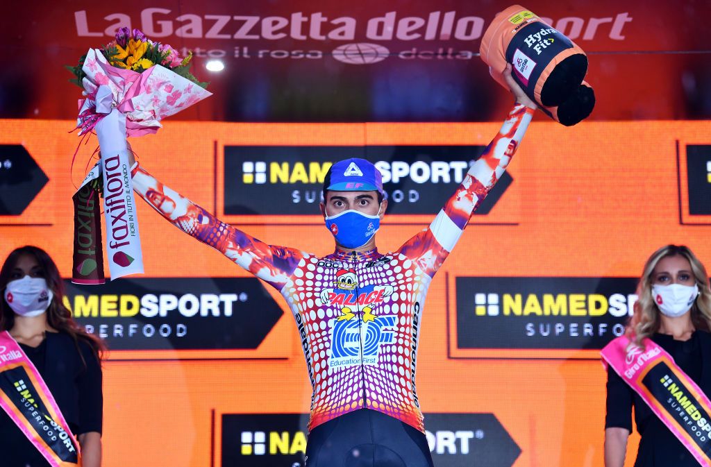 ROCCARASO ITALY OCTOBER 11 Podium Ruben Guerreiro of Portugal and Team EF Pro Cycling Celebration during the 103rd Giro dItalia 2020 Stage 9 a 207km stage from San Salvo to Roccaraso Aremogna 1658m girodiitalia Giro on October 11 2020 in Roccaraso Italy Photo by Stuart FranklinGetty Images