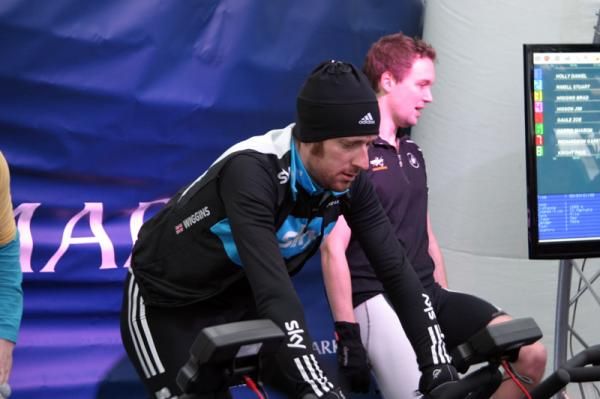 Brad Wiggins warms down after one of his races