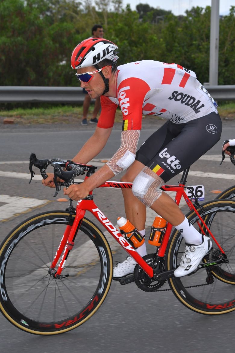 A banged up Tiesj Benoot on stage 7 of the Vuelta a San Juan