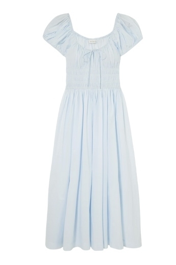 DÔEN, Quinn Tie-Detailed Shirred Organic Cotton-Poplin Midi Dress