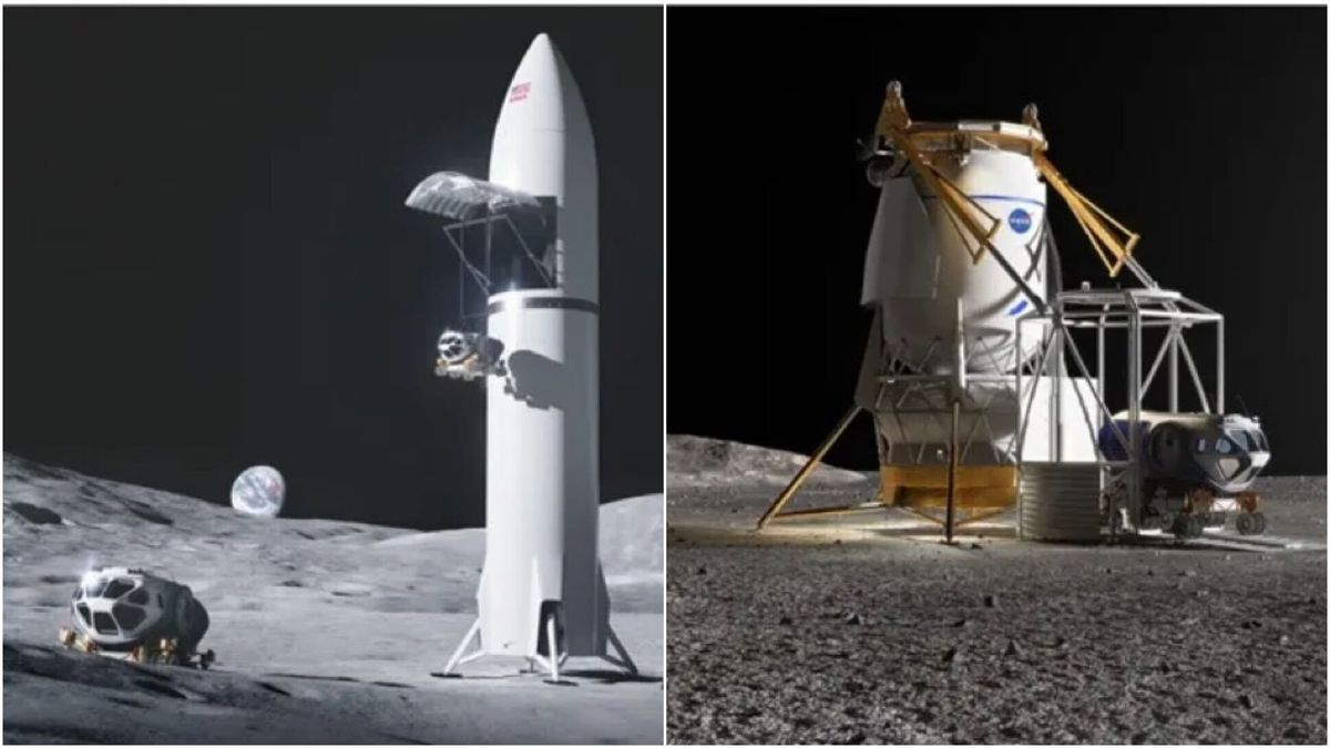 Side by side images show a tall white rocket landed on the moon on the left, with a rover on its left on the grey surface. Earth is setting on the horizon against the black of space. On the right, a shorter lander, cylindrical, with a lifting platform lowered to the surface with a rover aboard.