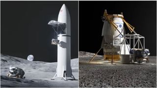 Side by side images show a tall white rocket landed on the moon on the left, with a rover on its left on the grey surface. Earth is setting on the horizon against the black of space. On the right, a shorter lander, cylindrical, with a lifting platform lowered to the surface with a rover aboard.