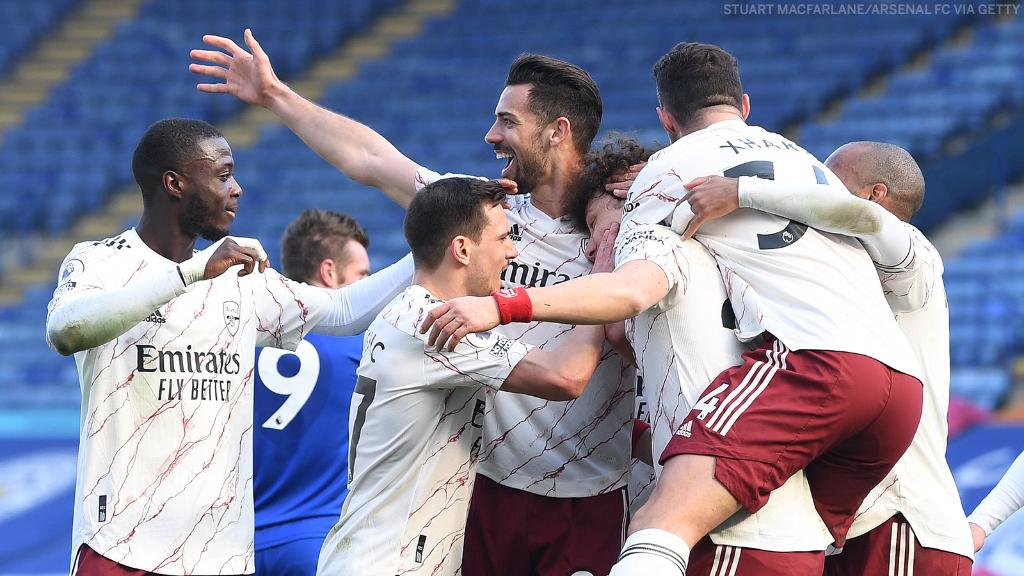 Arsenal celebrating their goal against Leicester City