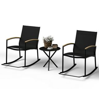 Walsunny 3 Pieces Patio Set Outdoor Patio Furniture Sets Modern Rocking Bistro Set Textilene Chair Conversation Sets Black