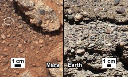 This set of images provided by NASA compares rounded gravel fragments found both on Mars (left) and Earth (right).