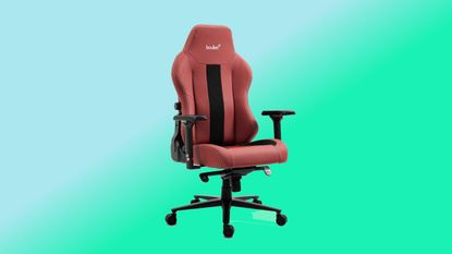 The Boulies Master Series 2024 gaming chair in red, on a green and blue background