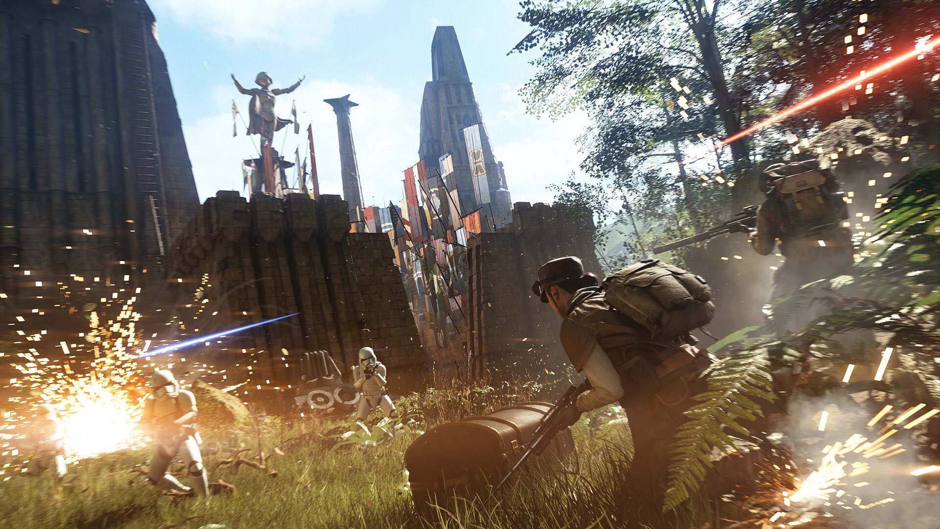 Star Wars Battlefront 2 (2017) screenshot showing rebels and stormtroopers fighting in a jungle
