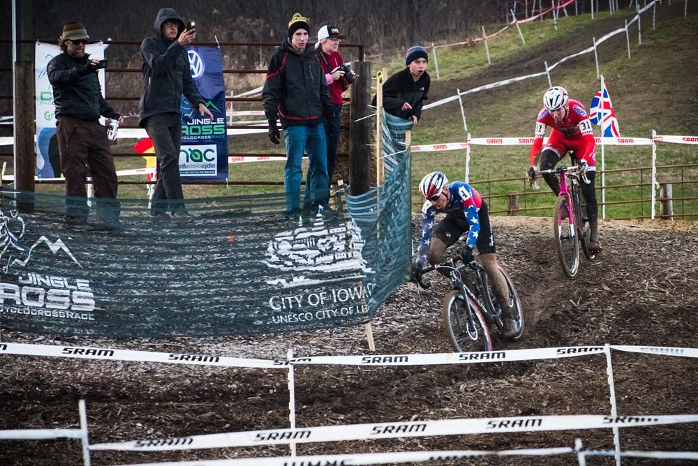 Jeremy Powers (Rapha) and Logan Owen (CalGiant) take a sweeping corner during the final lap of racing