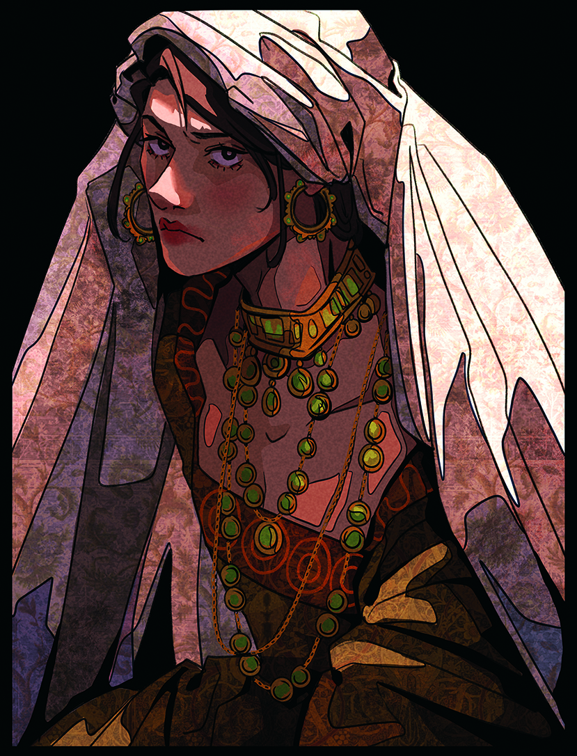 Digital character art that takes influences from Art Nouveau showing a female figure