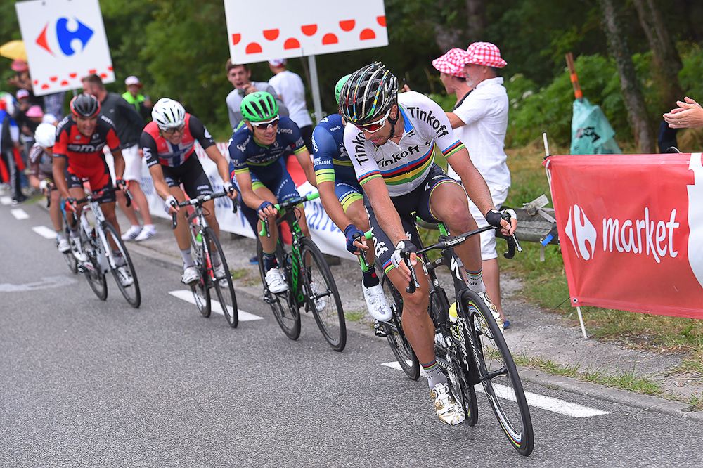 Peter Sagan checks the rest of the breakaway riders behind him during stage 10 at the Tour de France.