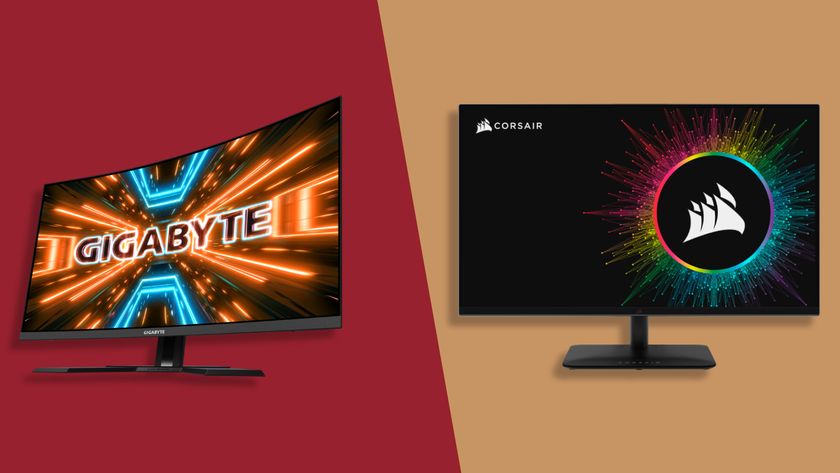 Two gaming monitors, Gigabyte M32UC on the left side vs the Corsair Xeneon 32UHD144 on the right against a TechRadar background