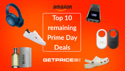 Red/orange background with white writing in the middle that says Top 10 remaining Prime Day deals with scattered images of products around it