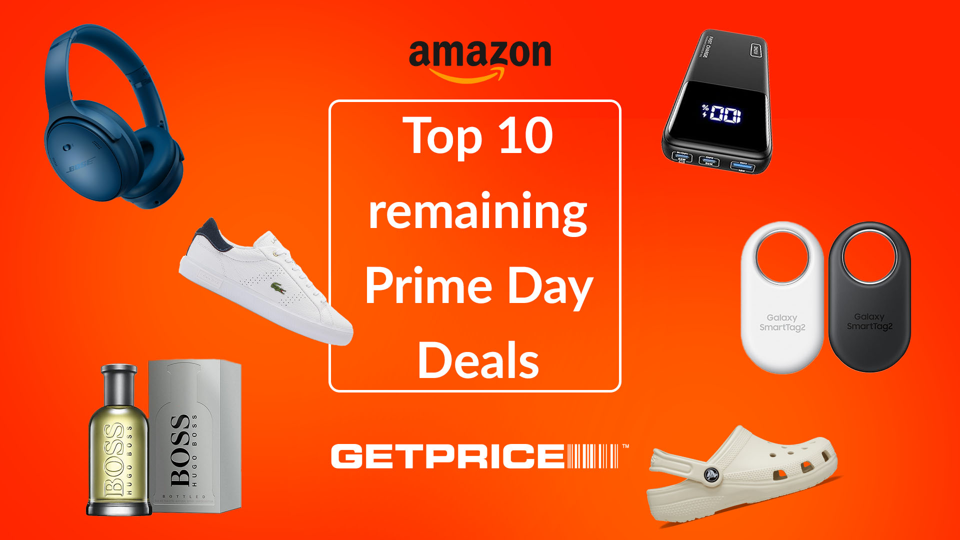 Red/orange background with white writing in the middle that says Top 10 remaining Prime Day deals with scattered images of products around it