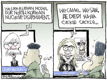 Political cartoon US John Bolton Kim Jong Un Korea nuclear summit Hillary Clinton Libya Gaddafi