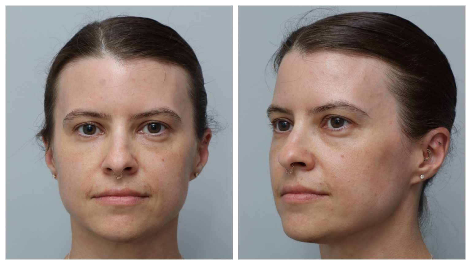 two images side by side of a white woman with brown hair and brown eyes