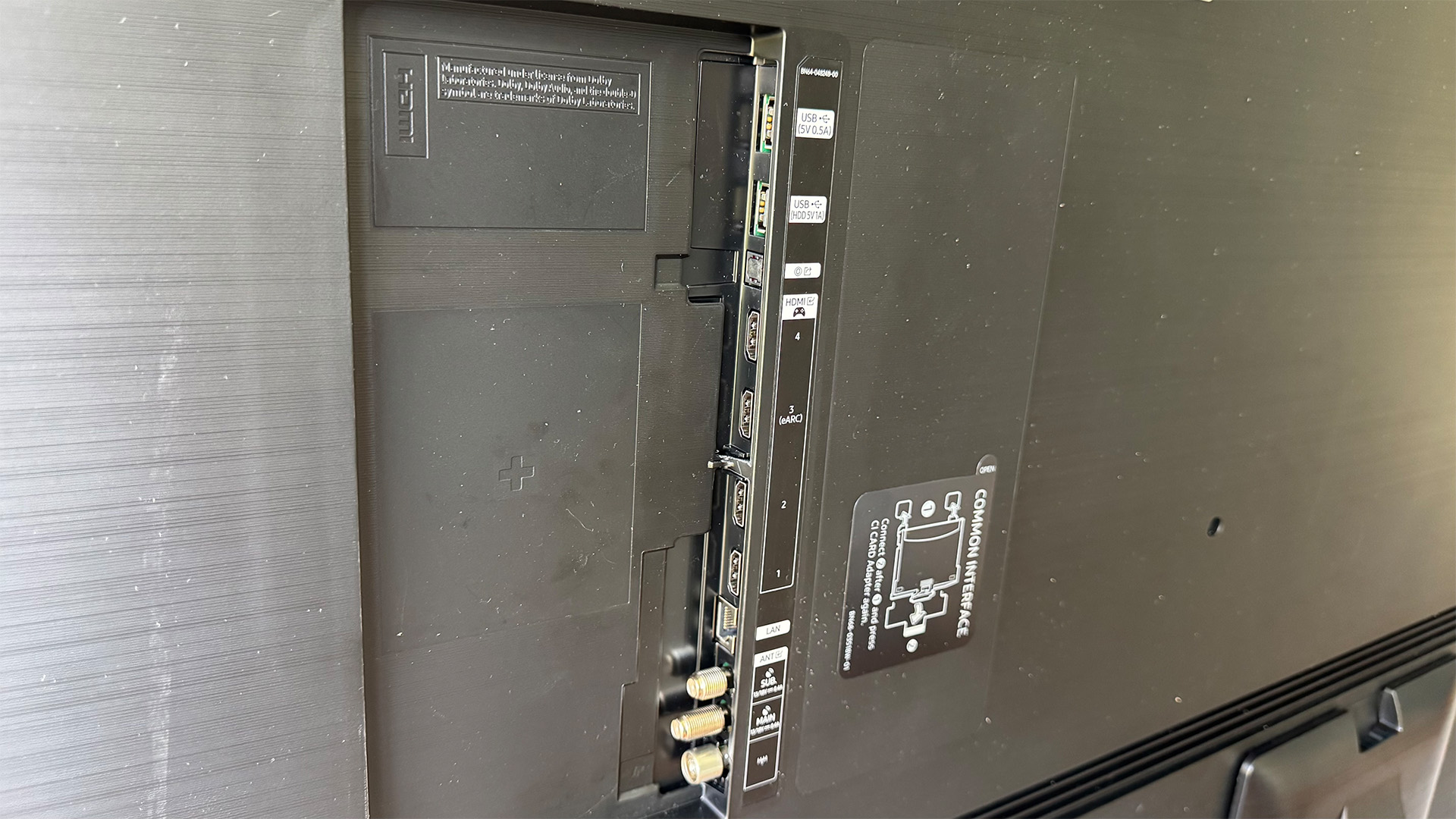Samsung QN90F Mini LED TV rear of set showing connections