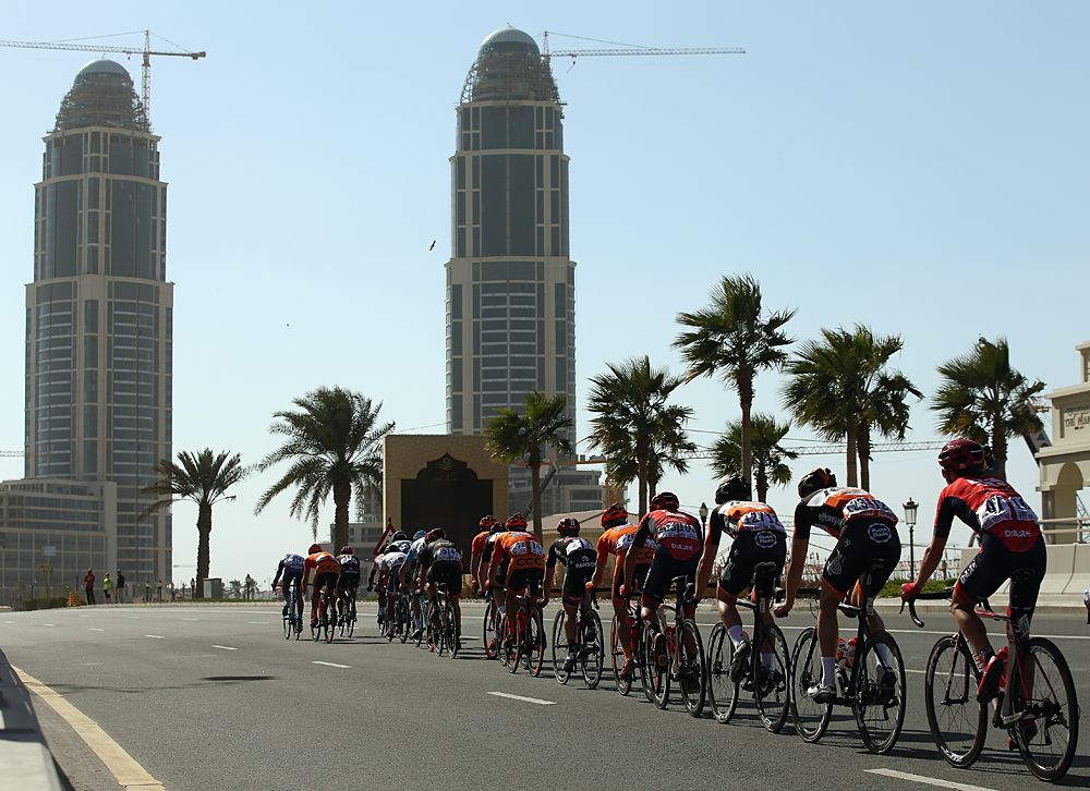 The peloton single file at the Tour of Qatar