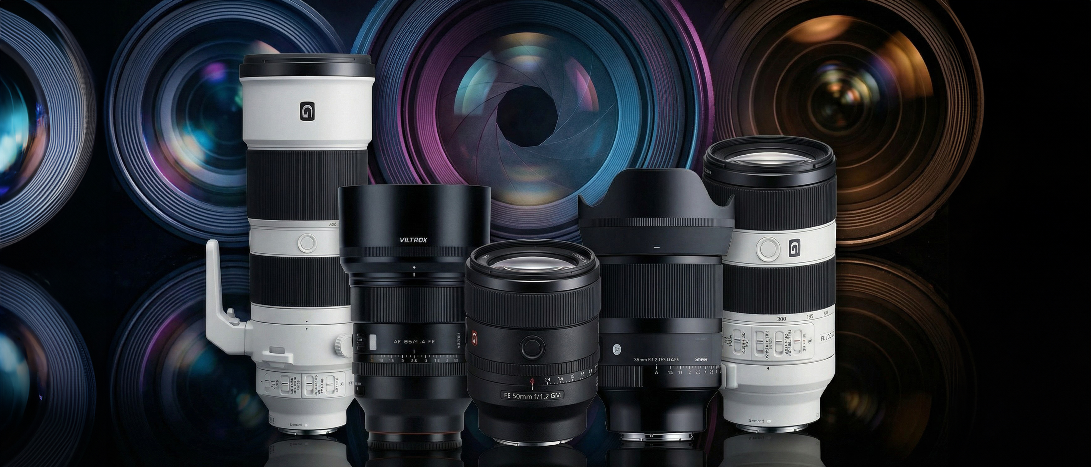 Five E-mount lenses for Sony cameras side by side, with a vibrant generated background of front lens elements