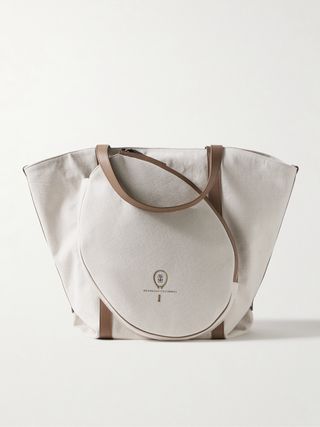 Embroidered Leather-Trimmed Cotton and Linen-Blend Canvas Tote