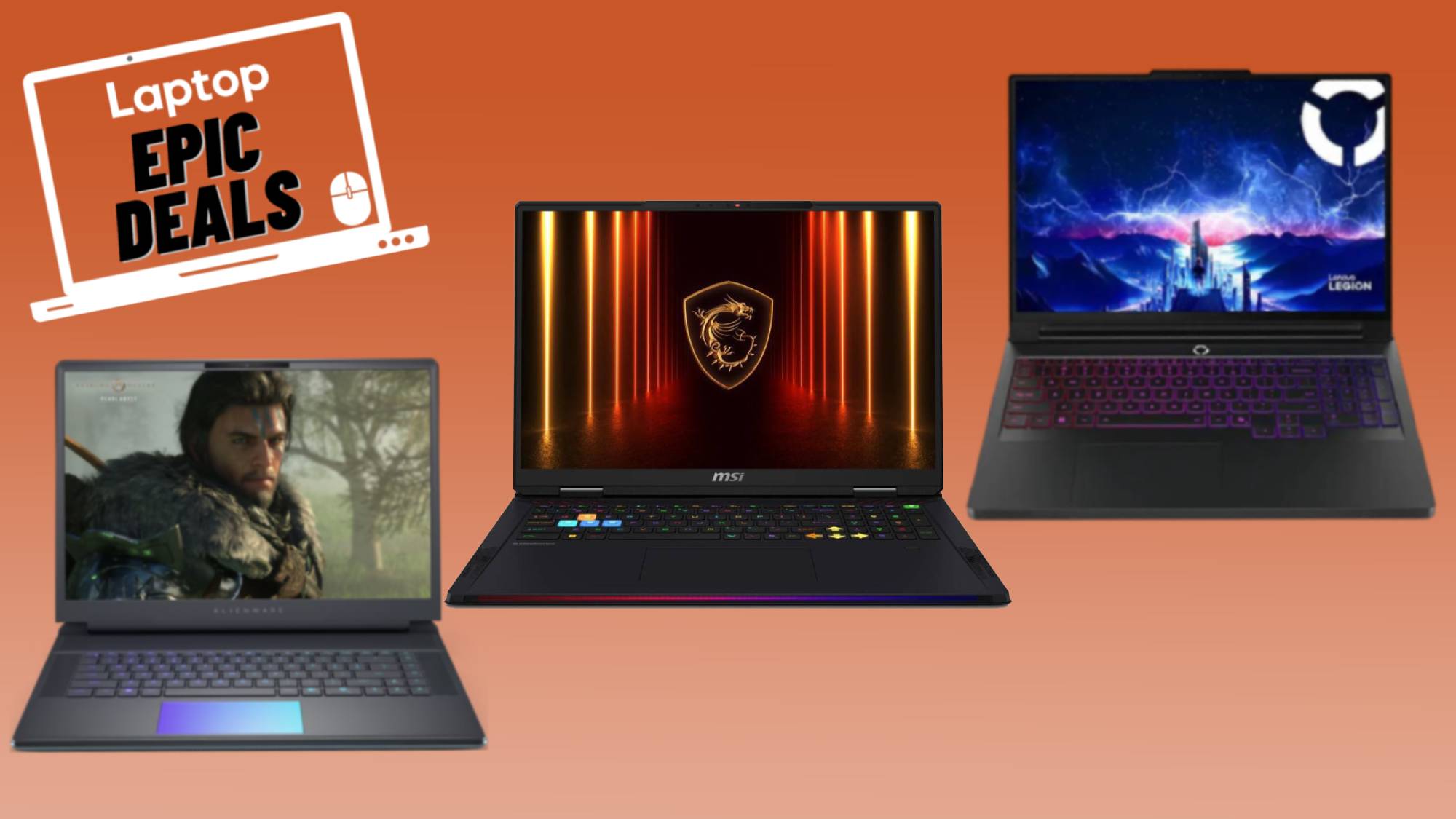 Alienware Area 51, MSI Raider 18 HX, and Lenovo Legion 7i Pro Gen 10 RTX 50 series gaming laptops against an orange gradient background.