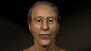 A digital image of a man in his 40s against a black background. This man is a digital reconstruction of the ancient Egyptian pharaoh Ramesses II, which used reverse aging to see what he would have looked like in his prime,