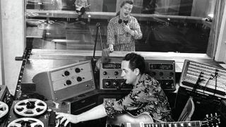 Les Paul records with wife Mary Ford in his home studio in the 1950s.