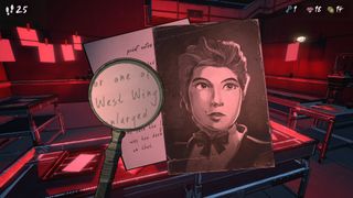 Blue Prince screenshot showing a magnifying glass highlighting text on paper that reads "west wing" next to a photography of a woman