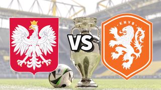 The Poland and Netherlands international football team badges on top of a photo of the Euro 2024 trophy and match ball