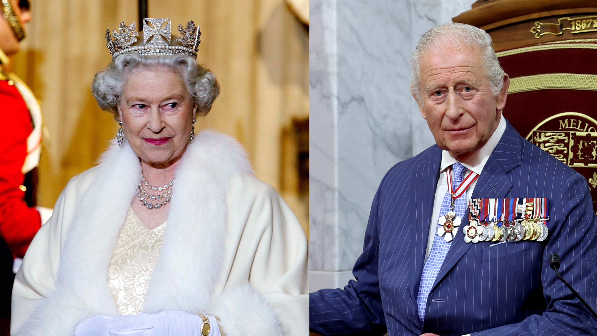 Queen Elizabeth wearing a fur wrap and crown and King Charles sitting on a throne in a blue suit