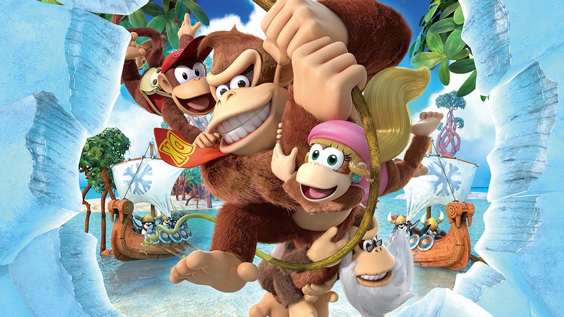 Donkey Kong, Diddy Kong, Dixie Kong and Kranky Kong swinging on a vine