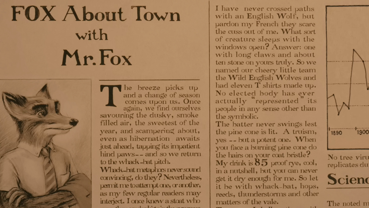 A screenshot of a newspaper in The Fantastic Mr. Fox with lines from Roald Dahl's original story.