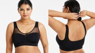 best sleep bras from simply be include this black sleep top in black with sheer yoke shown front and back on model
