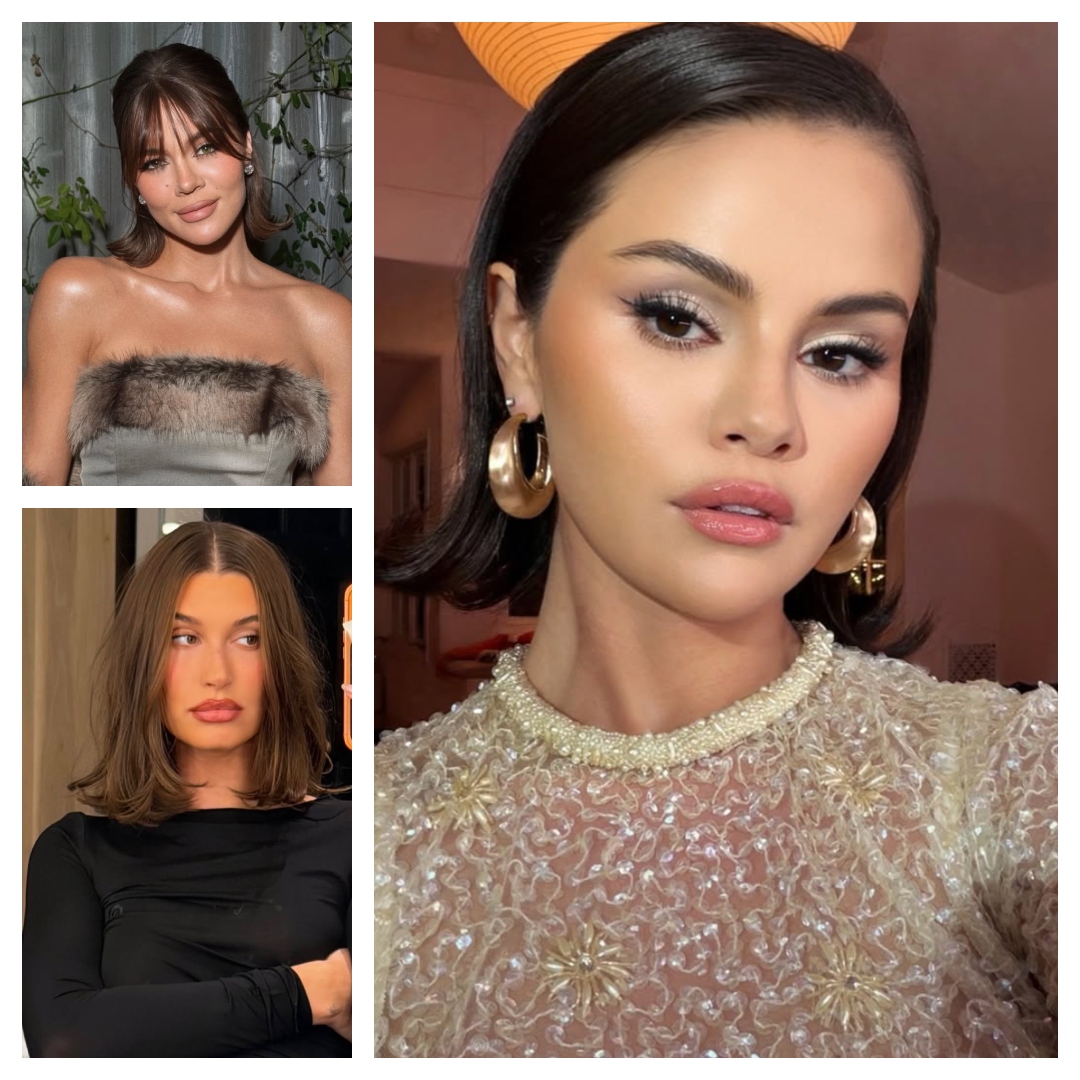 collage of celebrities with winter haircuts