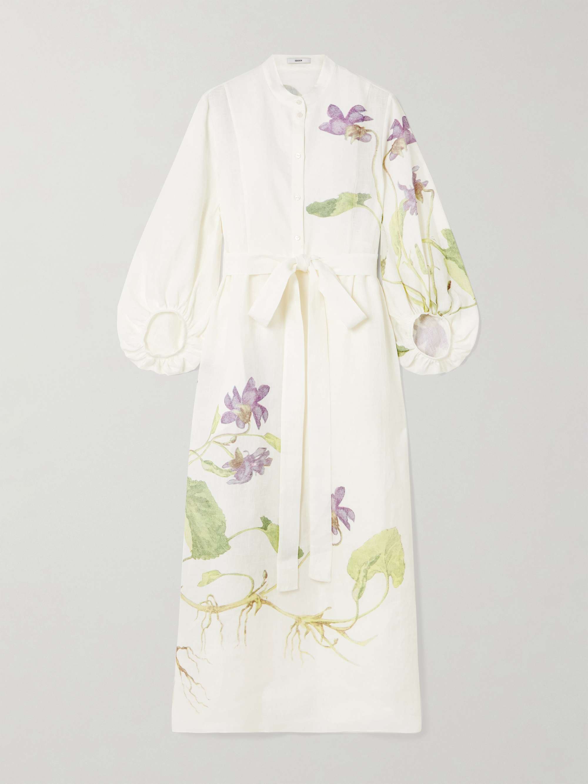 Belted Floral-Print Linen Midi Dress