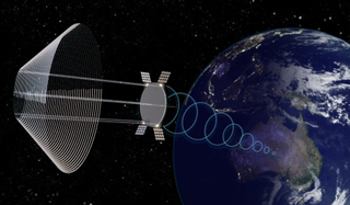 Illustration of the SPS-ALPHA ("Solar Power Satellite by means of Arbitrarily Large Phased Array") system beaming energy to Australia. 