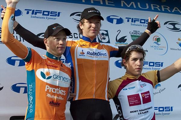 The stage four podium (l-r): Patrick Shaw (2nd,Genesys Wealth Advisers), Aaron Gate (1st,Rabodirect New Zealand), and Adam Phelan (3rd,Drapac Porsche).
