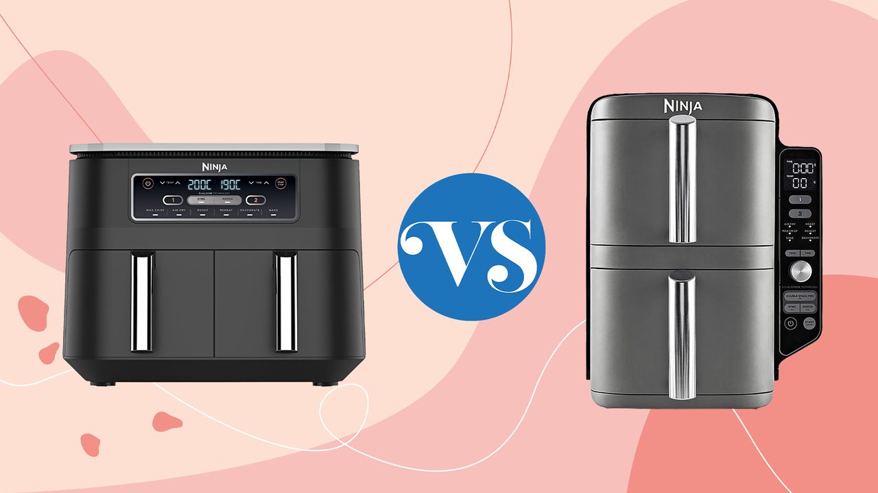 Ninja Double Stack and Ninja Dual Zone air fryer on pink background with vs symbol between them