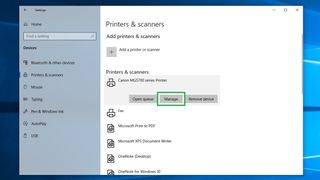 How to share a printer in Windows 10 step 2: Click the printer you want to share, then click “Manage”