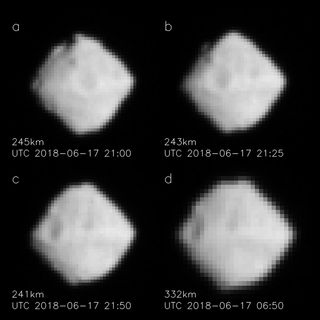 Raw images taken of the asteroid Ryugu on June 17-18, 2018, when the Hayabusa2 spacecraft traveled from 200 to 150 miles (330 to 240 km) away from the object.
