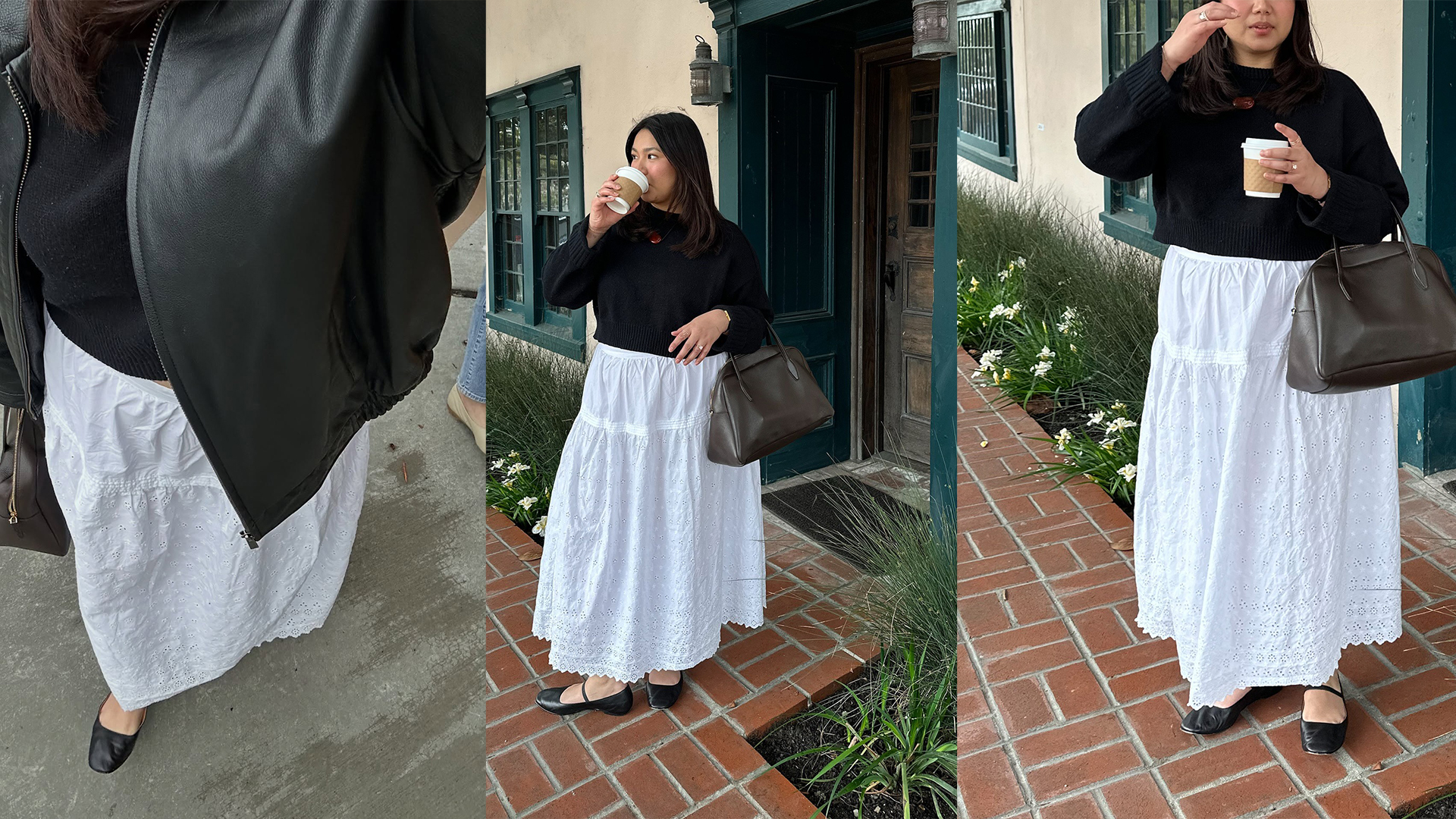 Marina wears white skirt and black sweater and black flats while drinking coffee outside of a care