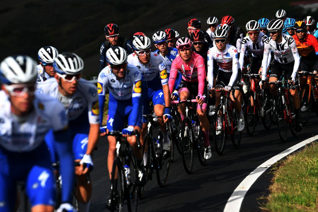 Joao Almeida in the maglia rosa during stage 12 at the Giro d'Italia