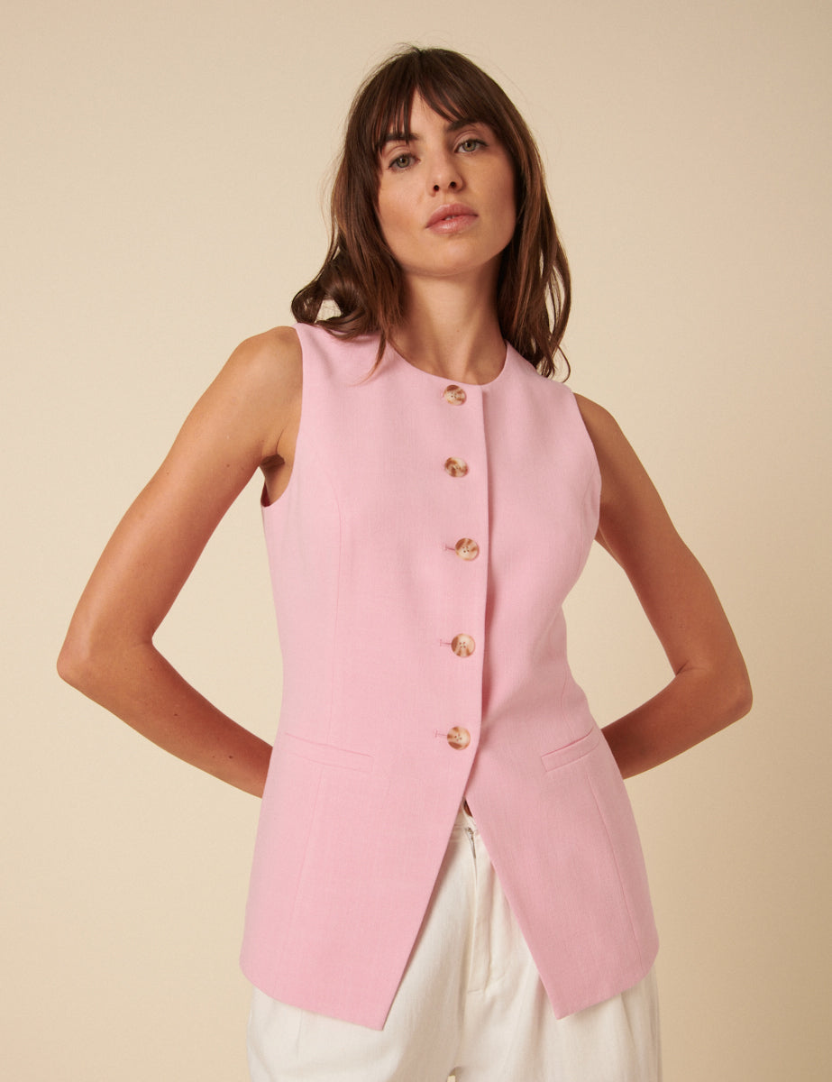 Pink Long Line Crew Neck Waistcoat