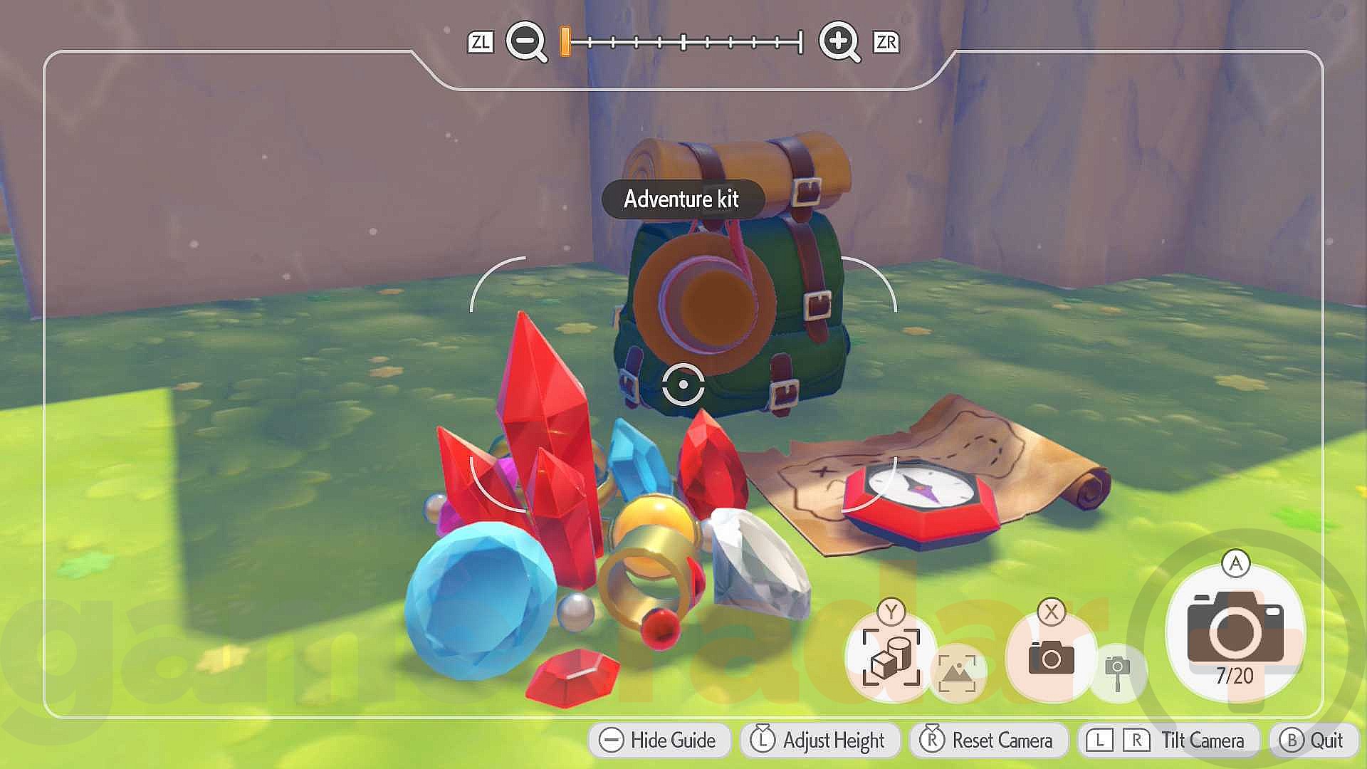 The player takes a photo of an Adventure Kit in object mode so they can 3D print Pokopia Sableye habitat items.