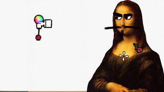 A still from Antipaint, a roguelike shooter in which you fight classic works of art including the Mona Lisa, pictured here with a frown on her face.