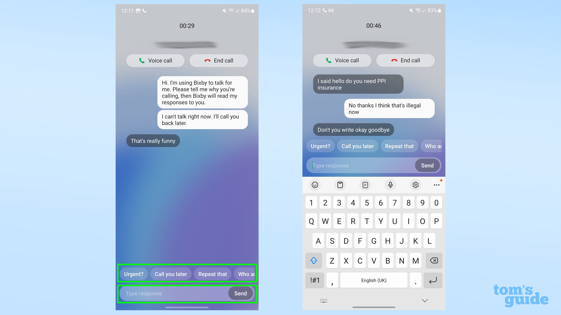 Два снимка экрана с Samsung Galaxy S23, показывающие, как отвечать на текстовый вызов Bixby с предварительно подготовленными ответами и ответами в произвольной форме.