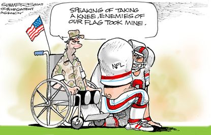 Political cartoon U.S. NFL kneeling veterans
