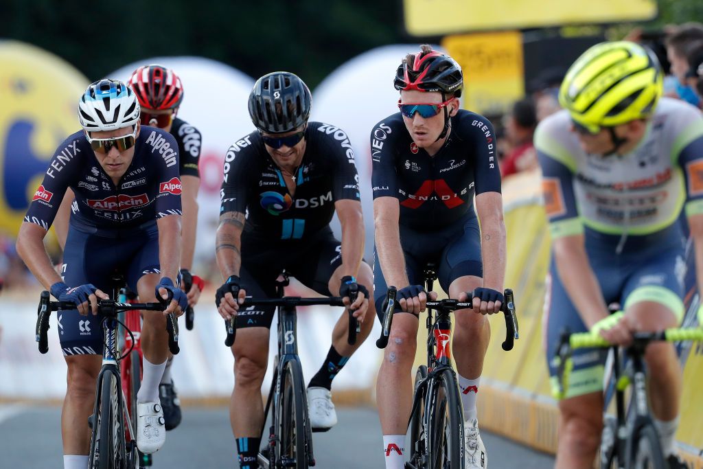 BUKOVINA RESORT POLAND AUGUST 12 LR Lionel Taminiaux of Belgium and Team AlpecinFenix Tao Geoghegan Hart of The United Kingdom and Team INEOS Grenadiers at finish line during the 78th Tour de Pologne 2021 Stage 4 a 160km stage from Azoty Group Tarnw to Bukovina Resort 924m TourdePologne TDP2021 UCIWT on August 12 2021 in Bukovina Resort Poland Photo by Bas CzerwinskiGetty Images